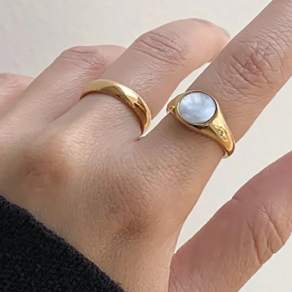 Gold Ring Non Tarnish Mother of Pearl Signet Ring Gold Statement Ring BEAUTIFUL - Picture 2 of 12